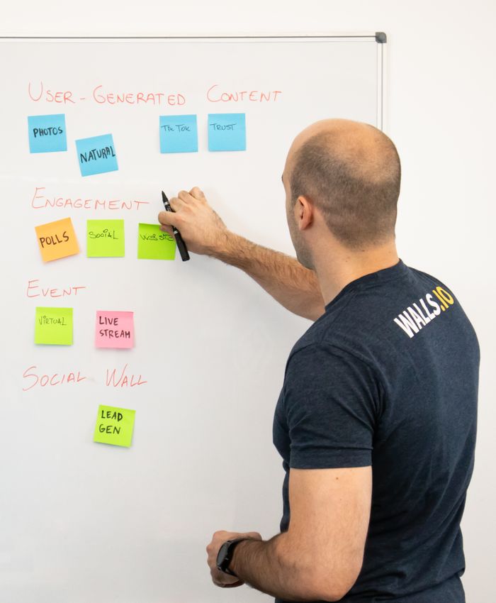 about-us-01 Man analyzing marketing content strategies using sticky notes on a whiteboard.